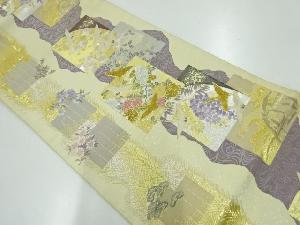 リサイクル　金彩色紙に群鶴・四季花模様織出し袋帯